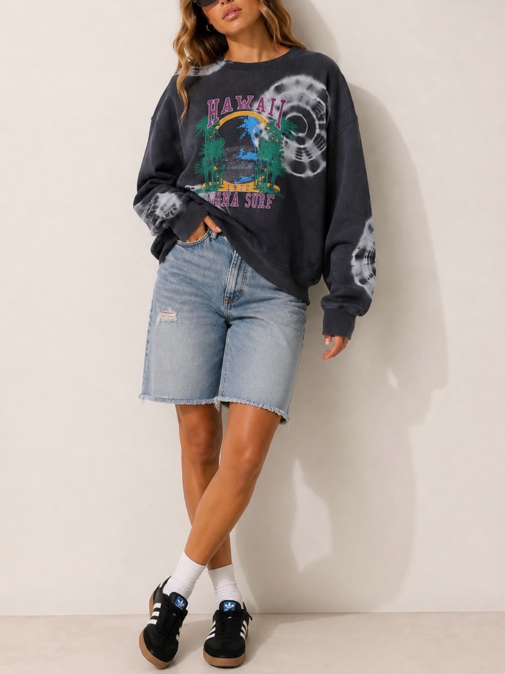 Ascot + Hart Grey Acid Dye HAWAII Super Soft Oversized Lounge Sweatshirt Medium